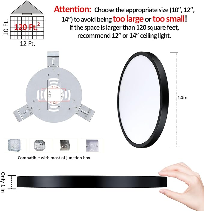Flush Mount Ceiling Light Fixture, 14 Inch LED Modern Kitchen Light, Slim Dimmable Black Flush Mount Light for Low Ceiling, Laundry, Hallway, Metal and Glass Lighting, 26W, 3000K