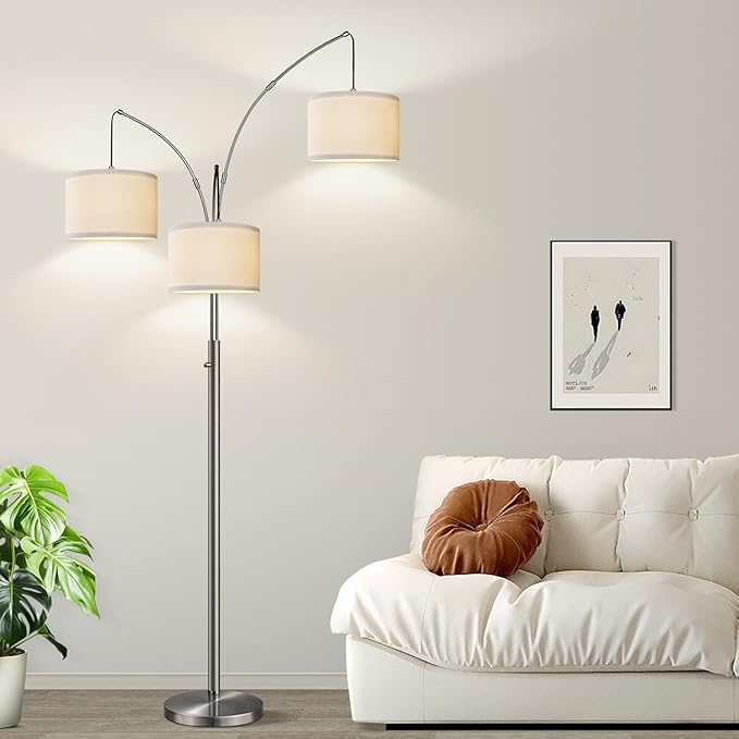 Nintiue Dimmable Floor Lamp - 3 Lights Silver Floor Lamps for Living Room with White Shades & Heavy Base, Mid Century Tree Floor Lamp for Bedroom Office, 3 LED Bulbs Included