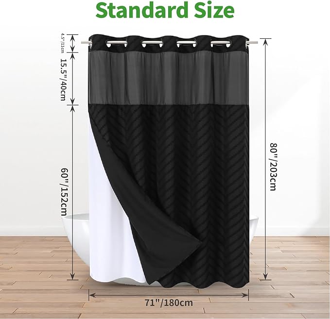 Long No Hook Tufted Chevron Striped Shower Curtain with Snap-in Fabric Liner set-71Wx80H(78H),Black Hotel Grade Boho Style Shower Curtain with See Through Top Window,Water Repellent
