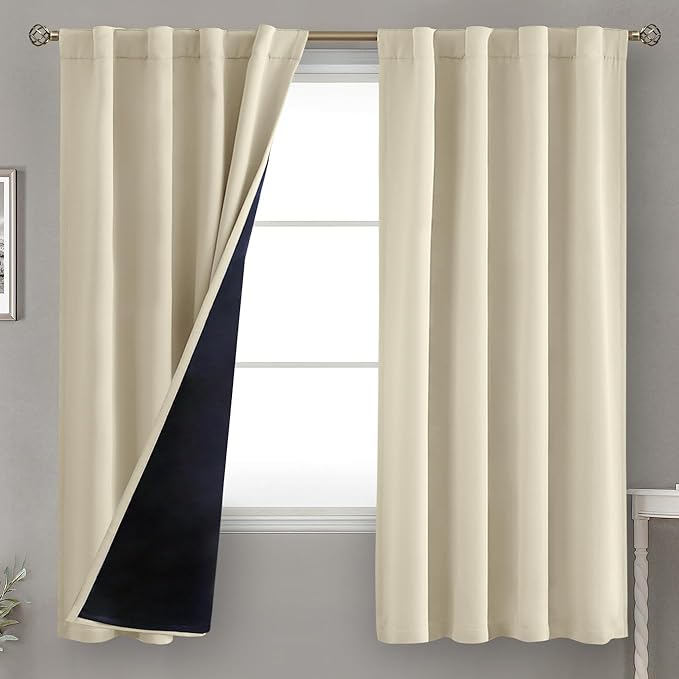 BGment Beige 100% Blackout Curtains 63 Inches Long with Thermal Insulated Liner, Rod Pocket and Back Tab Double Layer Full Room Darkening Window Curtain for Bedroom, 2 Panels,Each 38 x 63 Inch