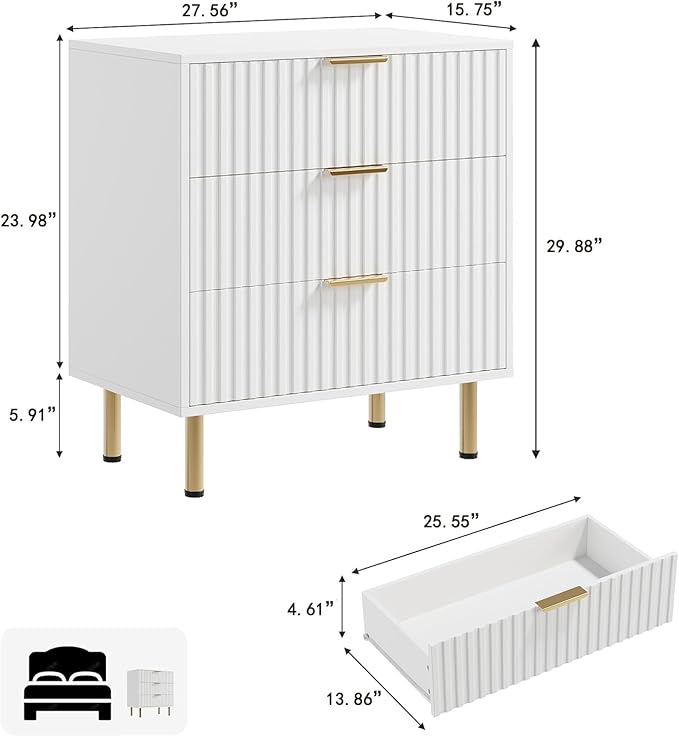 White 3 Drawer Dresser for Bedroom, Fluted Modern Nightstand with Deep Drawers, Chest of Drawers with Wide Top, Wooden Dresser Organizer, Side Table for Living Room, Hallway, Kids Room