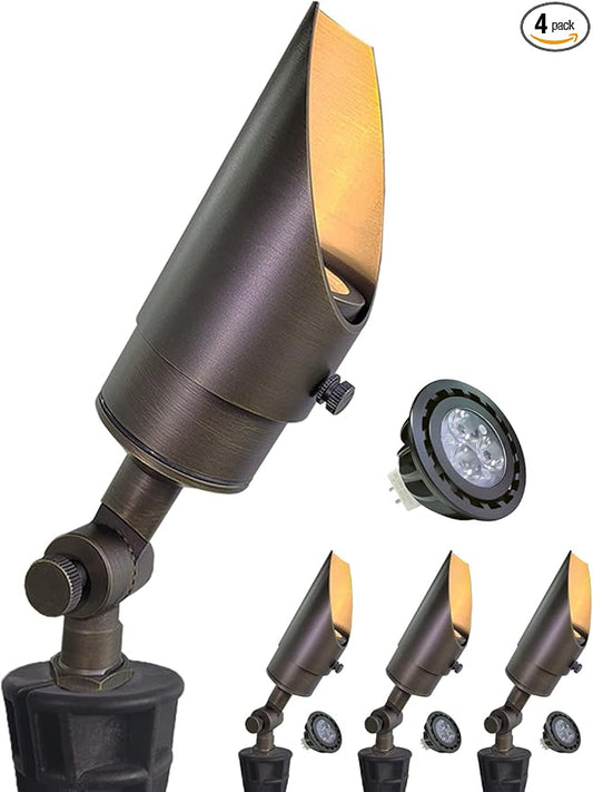 MALORY Brass Landscape Spotlight 4-Pack with MR16 Bulb Kit(S04), Low Voltage 12V AC/DC Shroud Adjustable Outside Yard Lights,PVC Ground Stake and Wire Connector Included, 5W 2700K Warm White