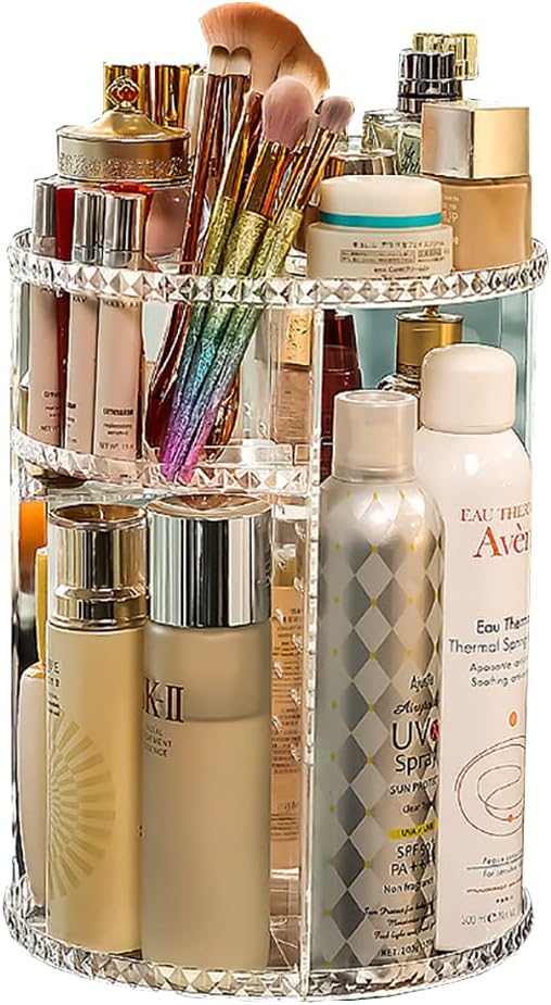 360 Rotating Makeup Organizer, DIY 8 Adjustable Layers Spinning Skincare Organizer, Cosmetic Holder Shelf for Vanity Bathroom Countertop (Clear-B)