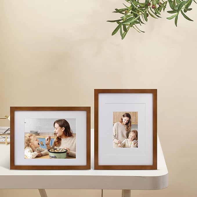 Egofine 11x14 Picture Frame Made of Solid Wood with Plexiglass, Display Pictures 5x7/8x10 with Mat or 11x14 Without Mat, for Table Top and Wall Mounting Photo Frame, Light Brown