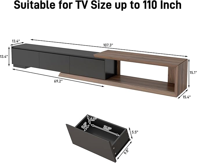 Extendable TV Stand with 3 Drawers, Modern Minimalist Entertainment Center, Reversible Long TV Media Console, Bevel Design, 82-107.3 Inch, Black & Walnut