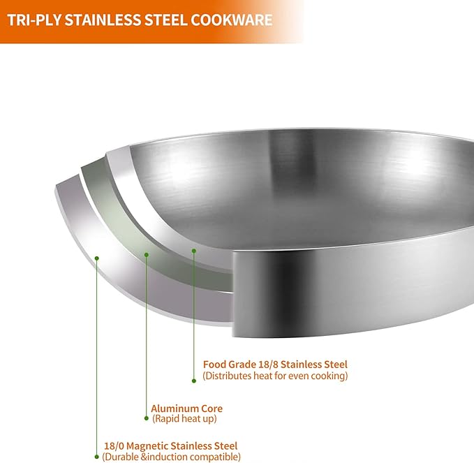 DELARLO Whole body Tri-Ply Stainless Steel Kitchen Cookware Set of 14 With Lid Heats quickly Cookware, Suitable for All Stove Kitchen, Pots and Pans sets