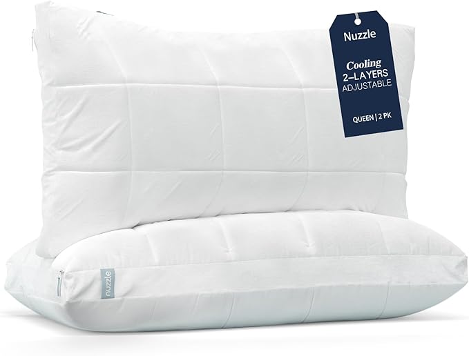 Nuzzle Cooling Adjustable Pillows Queen Size Set of 2 for Side Sleepers, Luxury Bed Pillows Hotel Collection - Best Adjust Height Soft Firm Pillows for Back, Stomach and Side Sleepers