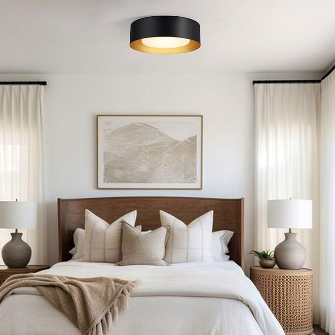 Vikaey Modern Mid Century Flush Mount Ceiling Light, 2-Light Minimalist Round Light Fixture, Black and Gold Drum Ceiling Lamp with Glass Lampshade for Bedroom, Hallway, Kitchen, 12.5in