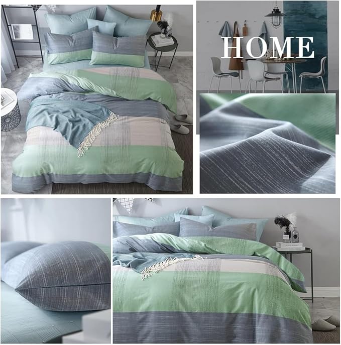 mixinni Simple Patchwork Print Comforter Set King Size Bed Fluffy Blue Mint Green Geometric Pattern Comforter for Boys Women and Men, 1 Modern Comforter and 2 Pillowcases for All Season-King Size