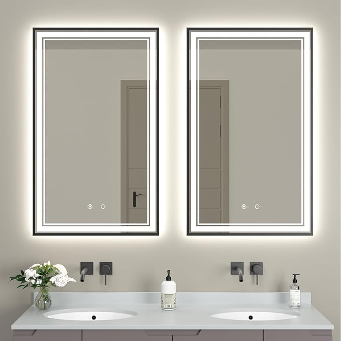 30" x 18" LED Bathroom Mirror with Lights Framed LED Mirror for Bathroom Backlit and Front Lighted Bathroom Mirror Black Square Aluminum Frame Anti-Fog Dimmable Vanity Shatter-Proof