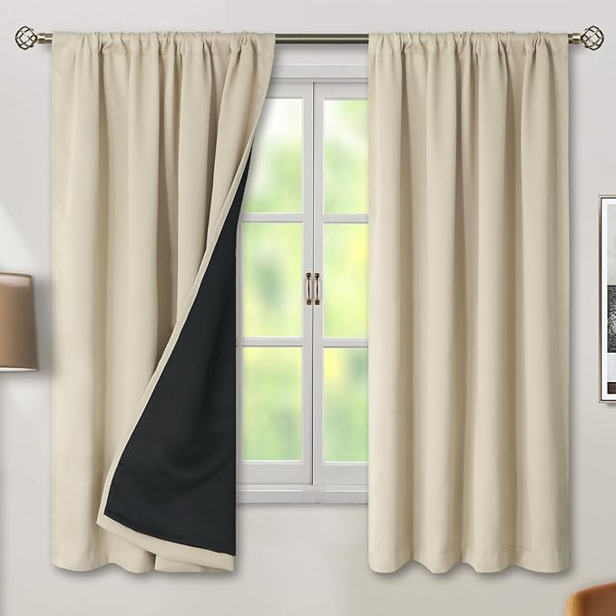 BGment Beige Full Blackout Curtains with Thermal Insulation Liner Curtains 63 Inches Long，Rod Pocket and Back Tab Double Layer Room Darkening Window Curtain for Bedroom(42 x 63 Inch, 2 Panels, Beige)