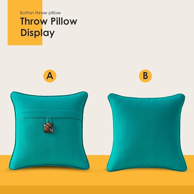 Outdoor Decorative Pillows with Coconut Button Pack of 4, 16" x 16" Outdoor Pillow Set for Couch Bed Throw Patio Sofa, Peacock Blue