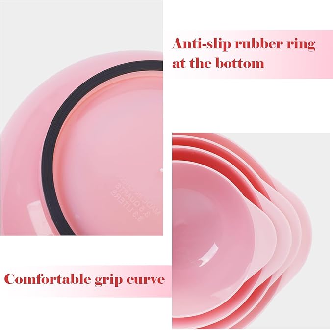 BoxedHome 4 Quart Large Plastic Mixing Bowls, Microwave Safe Mixing Bowl Set with Pour Spout, Nesting Bowls for Space Saving Storage(Fading Rose)