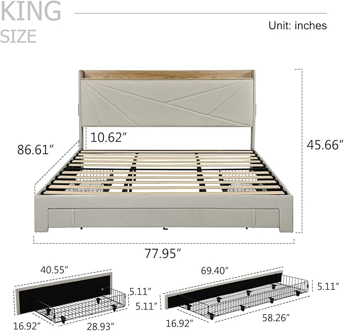 King Size Bed Frame with 3 Drawers, Upholstered King Size Bed Frame with Storage Headboard, AC USB and Type C Charge Station, Wooden Support Slats No Box Spring Needed Easy Assembly,Beige