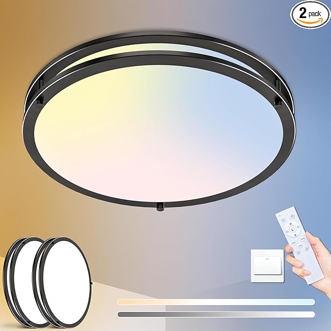 libtit 13 Inch LED Ceiling Lights with Remote for Bedroom Kitchen, 24W 2400lm Super Bright & Dimmable Flush Mount Light Fixtures, 2700K-6500K Adjustable Modern Lamps with Timer, Black, 2Pack