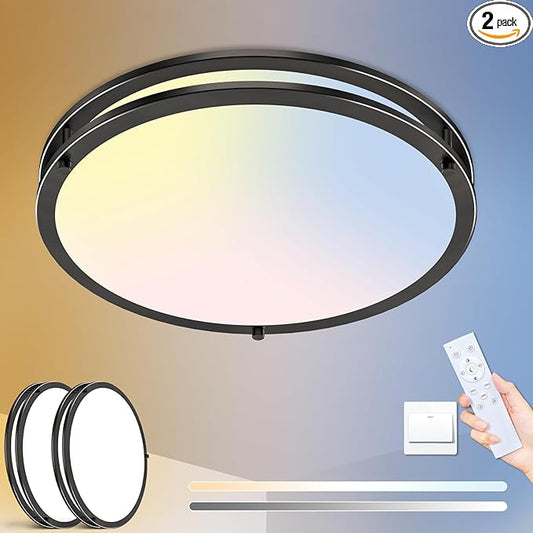 libtit 13 Inch LED Ceiling Lights with Remote for Bedroom Kitchen, 24W 2400lm Super Bright & Dimmable Flush Mount Light Fixtures, 2700K-6500K Adjustable Modern Lamps with Timer, Black, 2Pack