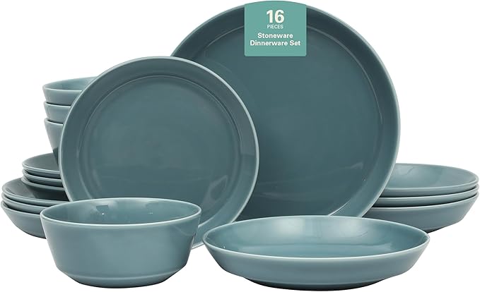 Gibson Home Summer Shades 16 Piece Plates and Bowls Dishes Service for 4 Porcelain Dinnerware Set - Blue