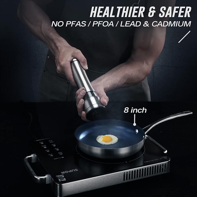 8 Inch Frying Pan Tri-Ply Stainless Steel & Nonstick, 8" Omelet Pan PFAS-Free, Skillet with Stainless Steel Cool Handle, 8 Non Stick Fry Pan, Oven Safe, Dark Blue