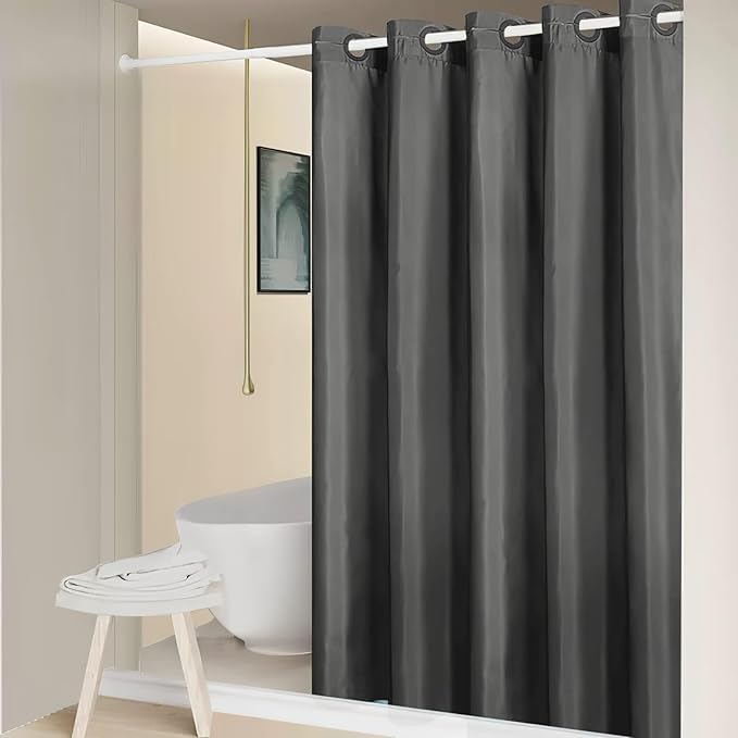 Furlinic Dark Grey No Hook Small Stall Shower Curtain 48x78 Inch,Half Narrow Size Polyester Fabric Bathroom Curtains with 6 Plastic Split Grommets,Hotel Quality Waterproof Washable Bath Curtain