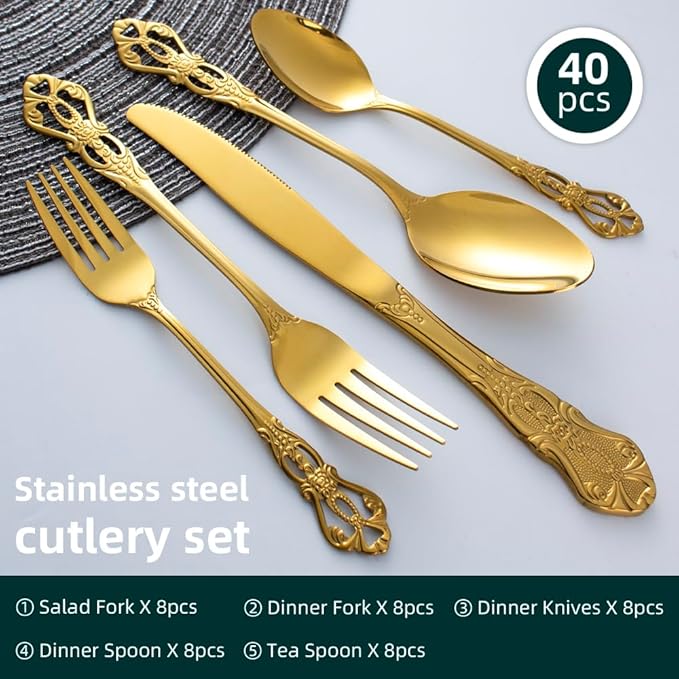 40-Piece Stainless Steel Flatware Set, Gold Silverware Set Service for 8, Cutlery Utensils Set,Include Fork Knife Spoon Set, Dishwasher Safe