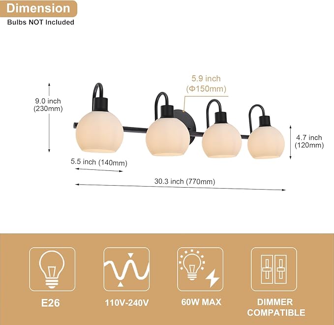 4-Light Vanity Light Fixtures, Black Bathroom Lighting Fixtures with Milk White Globe Glass Shade, Wall Mounted Lamp for Kitchen Over Mirror Bath Living Room