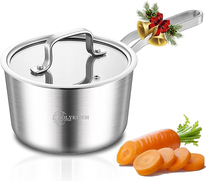 LOLYKITCH Tri-Ply Stainless Steel 2QT Saucepan with Glass Lid, Contemporary Design with Ergonomic Handle, Multipurpose Sauce Pan with Lid, Sauce Pot