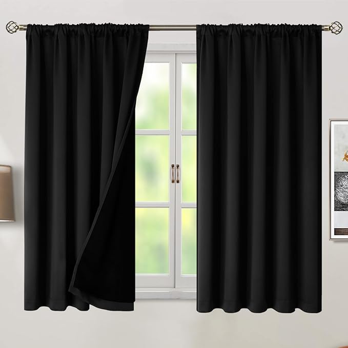 BGment Full Blackout Curtains with Liner Thermal Curtains 54 Inches Long, Rod Pocket and Back Tab Double Layer Black Out Privacy Curtains for Bedroom(52 x 54 Inch, 2 Panels, Black)
