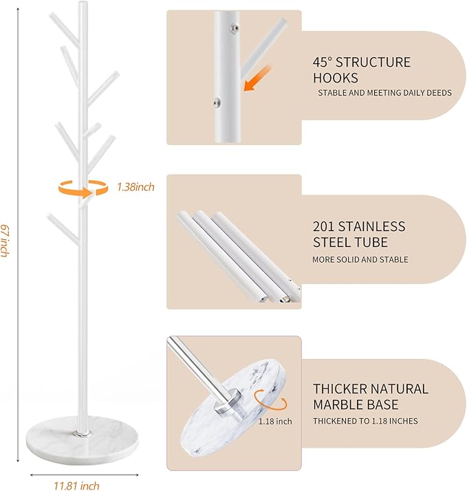 Coat Rack Stand with Natural Marble Base, Metal Coat Rack Freestanding, Modern Coat Racks, Heavy Duty Standing Coat Tree Hanger for Jacket, Bag, Entryway, Office