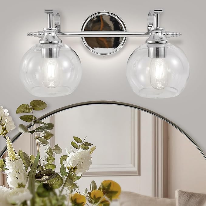 ANDY STAR Chrome Bathroom Light Fixture, 2-Light Modern Vanity Lights, Modern Wall Sconce with Clear Globe Glass Shades, Industrial Wall Lamp with Curved Arm for Bathroom, Powder Room, Over a Mirror