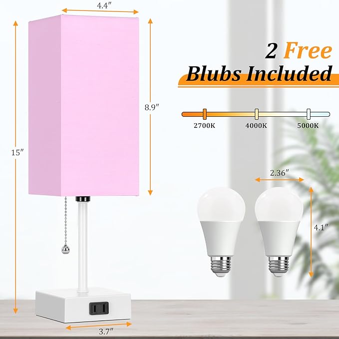 Table Lamp for Bedroom set of 2,3-Color Bedside Lamps with Pull Chain Table Lamps for Nightstand with AC Outlets,Small Night Light Lamps with 2 Bulbs Lamps for Living Room Kids Room Office Decor（Pink）