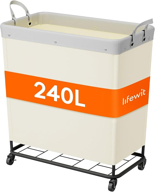 Lifewit 240L Laundry Basket with Wheels, Large Heavy Duty Commercial Rolling Laundry Hamper with Handles, Tall Steel Frame Laundry Cart for Laundry Room Bedroom Hotel Home Dorm, White