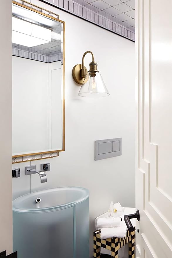 Yosoan 1-Light Brass Modern Vintage Indoor Wall Sconce, Vanity Single Luxury Hardwired Retro Textured Clear Funnel Flared Glass Shade with Industrial Gooseneck Curved Rod Bathroom Lamp(Antique)