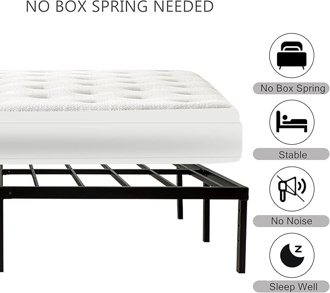 Queen Size Bed Frame with Steel Slats Support, Sturdy and Durable, No Box Spring Needed, 16 Inch High 3500lbs Heavy Duty Metal Platform Frames with Storage, Noise-Free, Black