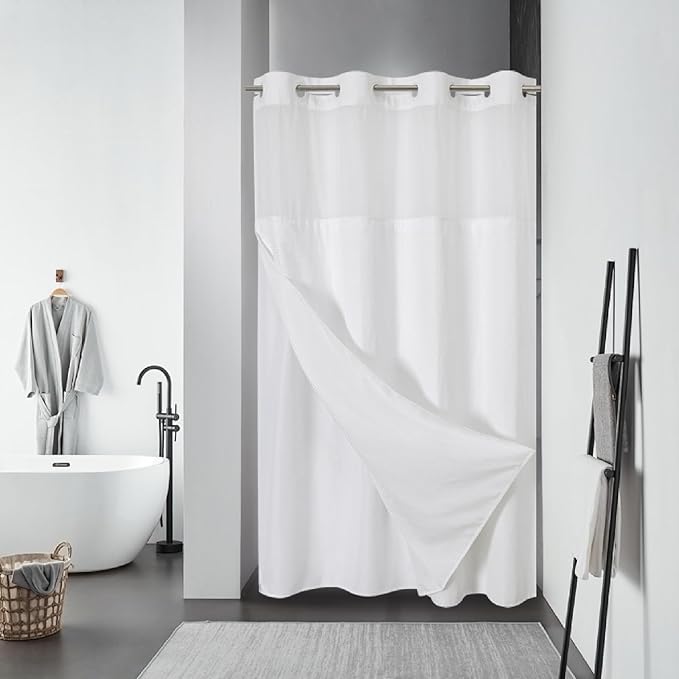 Stall White No Hook Waffle Weave Shower Curtain with snap-in Liner Replacement, 230GSM Waterproof Fabric Hotel Shower Curtain Set for Bathroom, Through Mesh Top Window,54Wx80H