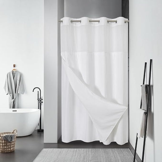 Stall White No Hook Waffle Weave Shower Curtain with snap-in Liner Replacement, 230GSM Waterproof Fabric Hotel Shower Curtain Set for Bathroom, Through Mesh Top Window,54Wx80H