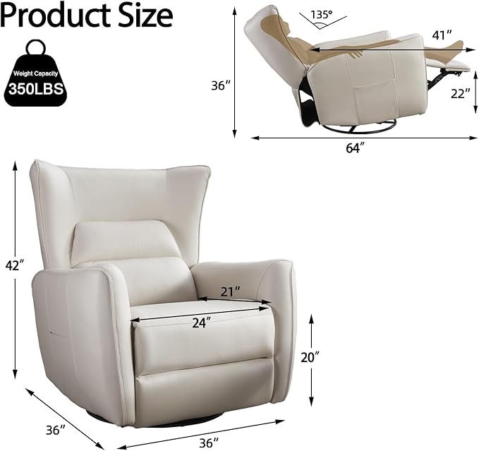 INZOY Power Swivel Rocker Recliner Glider, Oversize Electric Swivel Rocker Recliners with Highly Enveloping Backrest, Nursery Rocking Recliner Chair Leathaire Reclining Sofa for Living Room, White