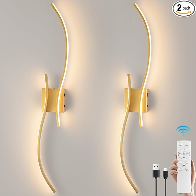 CANEOE Battery Operated Wall Sconce Set of 2, 18000mAh Gold Rechargeable Wall Lights with Remote Control,3000K-6000K Dimmable LED Wireless Wall Light for Living Room Bedroom Hallway,39.3 Inch (Gold)