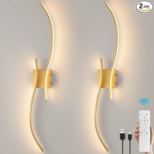 CANEOE Battery Operated Wall Sconce Set of 2, 18000mAh Gold Rechargeable Wall Lights with Remote Control,3000K-6000K Dimmable LED Wireless Wall Light for Living Room Bedroom Hallway,39.3 Inch (Gold)