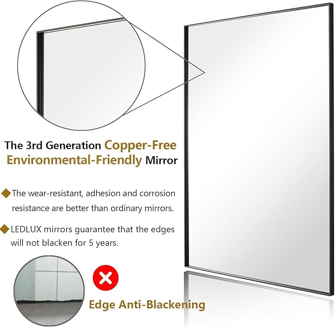 20x36 Inch Black Bathroom Mirror, Copper-Free Mirror, Aluminum Alloy Frame Vanity Mirror, Rectangle Wall Mounted Mirror, Modern Mirror for Bedroom/Living Room/Porch Horizontal or Vertical