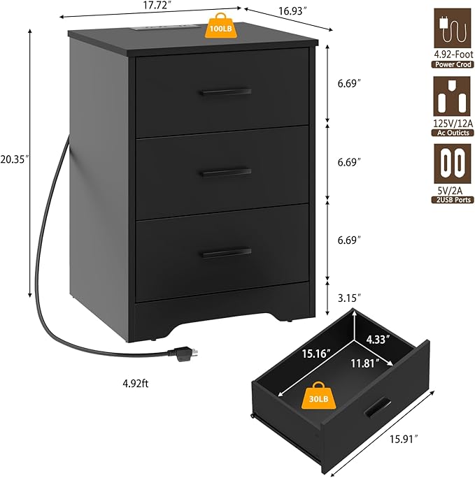 LIDYUK Black Dresser for Bedroom, 3 Drawer Dressers & Chest of Drawers, Modern Wood Dresser with Charging Station, End Table Nightstand Bedside Table for Bedroom, Living Room