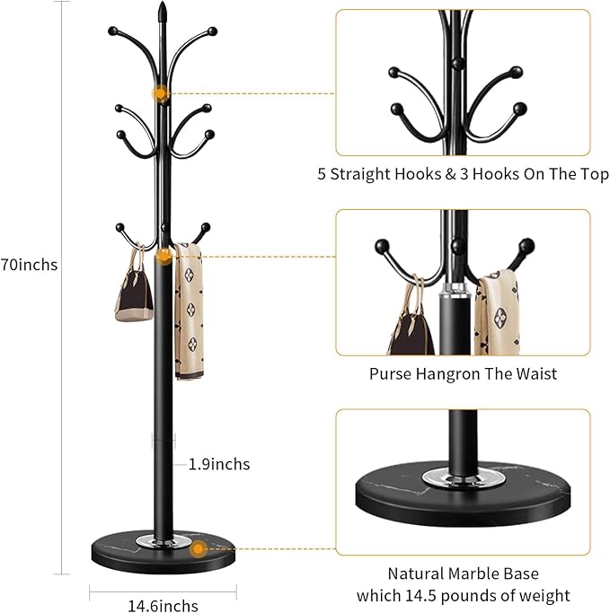Metal Coat Rack Stand with Natural Marble Base, Coat Rack Freestanding, Free Standing Hall Tree with 12 Hooks for Hanging Clothes, Bags, Scarfs, Coat Hanger for Entryway, Hallway (Black)