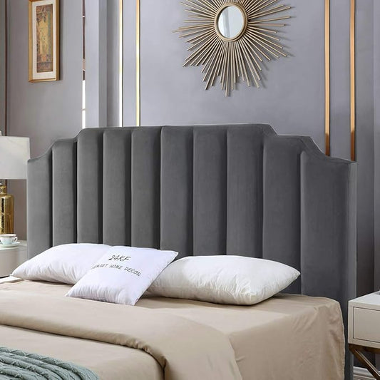 24KF Dark Gray Velvet Tufted King Upholstered Headboard, Modern Vertical Channel Design California King Headboard with Stepped Silhouette Top Edge,Dark Gray