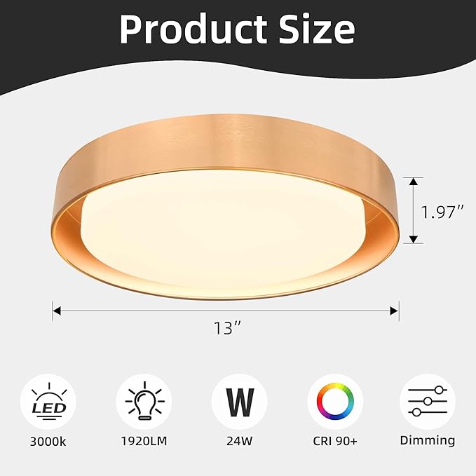 Hlite 13 inch Ceiling Light Fixture,Gold LED Flush Mount Ceiling Light, 3000K/Warm White/24W,Dimmable 1920LM Indoor Room Decorative Modern Ceiling Lights for Bedroom Kitchen(1 Pack)