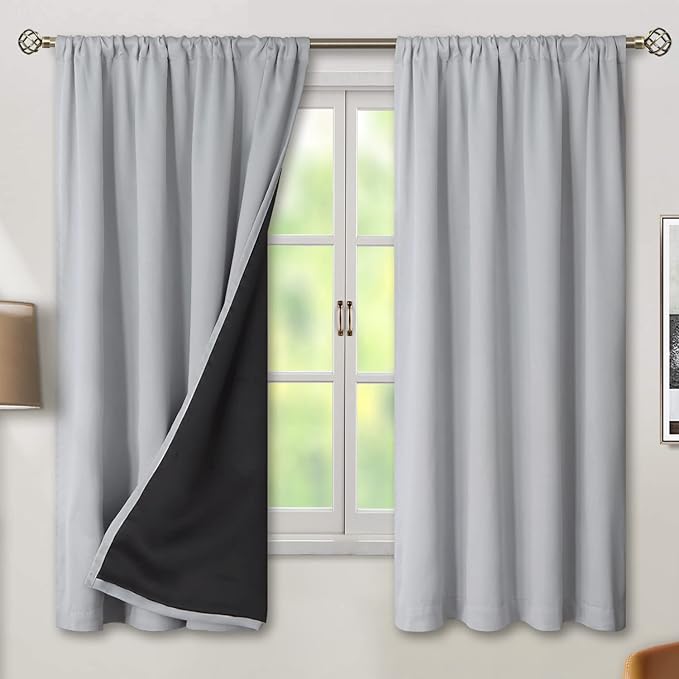 BGment Light Grey Blackout Curtains for Bedroom with Reducing Noise Liner, Insulating Curtains Rod Pocket and Back Tab Double Layer Full Room Darkening Window Curtain, 2 Panels, Each 42 x 63 Inch