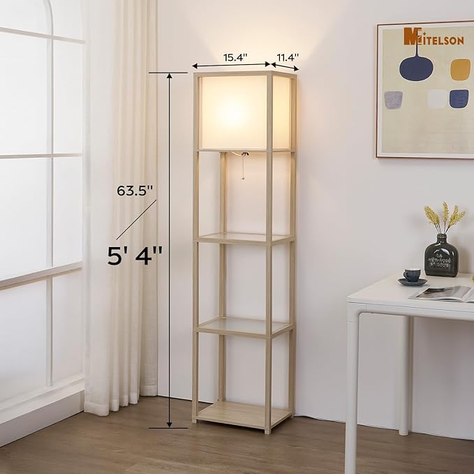 Floor Lamp with Shelves, Modern Standing Lamp with Tempered Glass, Large Display Shelf Lamp, Tall Lamps with Shelves for Living Room, Bedroom, Office, Ashen Oak