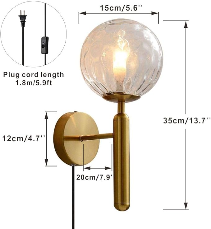 KCO Lighting Plug in Globe Wall Light Vintage Industrial Wall Sconce Lighting Fixture with On/Off Switch, Metal Wall Lamp for Bedroom Living Room Hallway,(Clear Plug in)