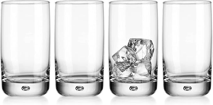 Set of 4 Highball Glasses 16 Oz Collins Cocktail Drinking Glass Cups, Bubble Base Glassware for Water, Juice, Cocktails, Beer Pint Glasses, Modern Basic Tumblers.