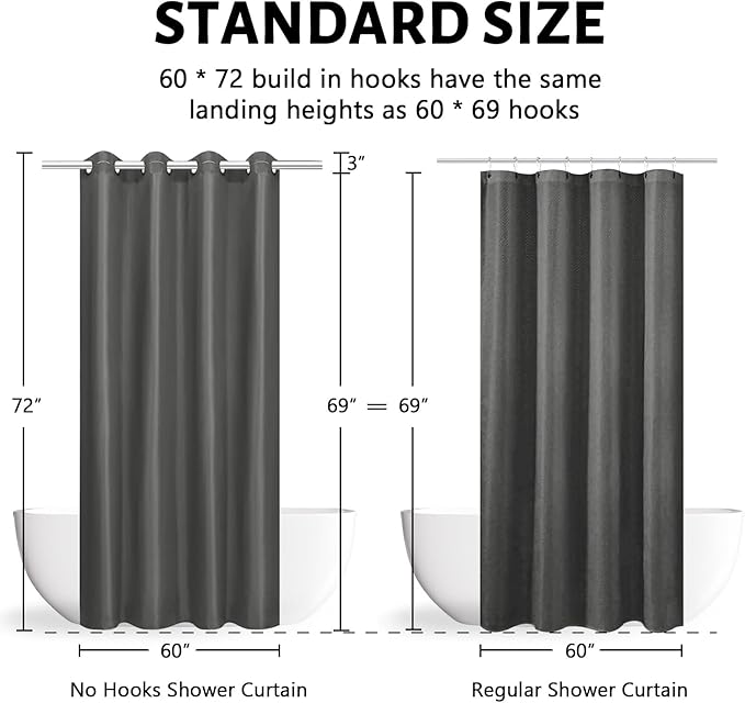 Furlinic Dark Grey No Hook Shower Curtain Fabric 60x72 Inch,Polyester Waterproof Bathroom Curtain with 8 Plastic Built-in Grommets,Modern Luxury Hotel Style Washable Decorative Shower Curtains