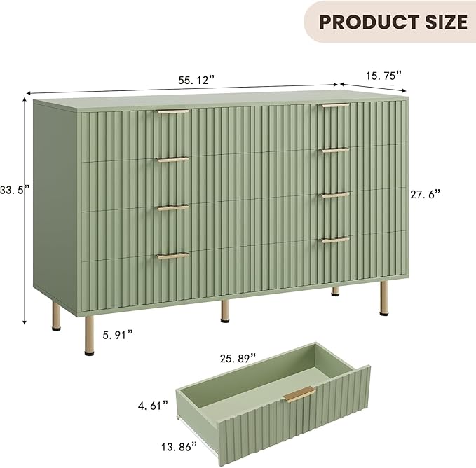 8 Drawer Dresser for Bedroom, Fluted 55" Wide Modern Chest of Drawers with Deep Drawers, Wooden Dresser Organizer for Living Room, Hallway, Kids Room, Green