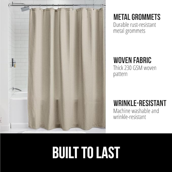 GORILLA GRIP Waffle Shower Curtain, Thick Weighted Fabric, Wrinkle and Rust Resistant, Classic Hotel Quality Design, Heavy Duty Long Curtains for Bathroom Showers, Bath Tubs, Machine Wash, 72x72 Beige